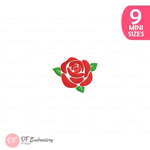 May include: A red rose embroidery design with green leaves. The image includes the text "9 MINI SIZES" in a pink box. The design is from DF Embroidery design.