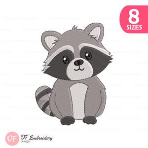 May include: An embroidered raccoon design in shades of gray, black, and white. The raccoon has a friendly expression and is sitting upright. The image includes the text "8 SIZES" in a pink circle and the "DF Embroidery design" logo.
