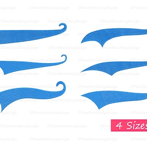 May include: Four blue baseball style embroidery designs with a curved shape and a swirl at the end. The designs are in four different sizes.