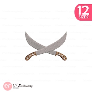 May include: An embroidery design featuring two crossed machetes with textured silver blades and brown handles. A pink rounded rectangle in the top right corner contains the white text 12 SIZES, and the bottom left has a pink circle with DF.