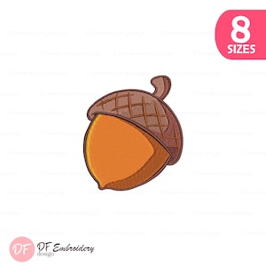 May include: An embroidered acorn design with a brown cap and an orange body. The design is detailed with cross-hatching and shading. The image includes the text "8 SIZES" in a pink rounded rectangle.