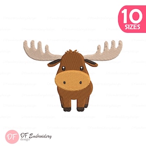 May include: A cartoon moose in shades of brown with large, light brown antlers and a tan snout. The image features the text "10 SIZES" in a pink circle. The logo "DF Embroidery design" is in the bottom left corner.