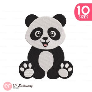 May include: A cute panda bear design with black and white embroidered details. The panda has large eyes, a smiling mouth, and paw prints. The image includes the text "10 SIZES" in a pink box and the "DF Embroidery design" logo.