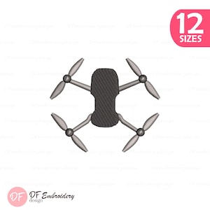 May include: A black machine embroidery design of a quadcopter drone with four propellers and a central body. The design features a top-down view of the drone. A pink rectangular tag in the top right corner displays the white text 12 SIZES.
