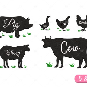 Farm silhouette Embroidery Design, Farm animals embroidery design, Cow Pig Duck Sheep Hen Rooster  embroidery design, 5 Sizes
