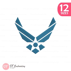May include: A teal Air Force emblem design featuring a star and geometric shapes, set against a white background. The image includes the text "12 SIZES" in a pink circle and the "DF Embroidery design" logo.