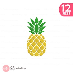 May include: An embroidery design of a pineapple featuring a yellow textured body with a cross-hatch pattern and vibrant green pointed leaves at the top. The design is presented against a plain white background with a pink corner badge stating 12 SIZES.