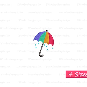May include: A rainbow colored umbrella with a blue handle and raindrops falling from it. The umbrella is on a white background.