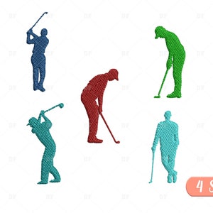 May include: Embroidered golf player silhouettes in blue, green, and red. The image shows different poses. A text label reads "4 sizes". The design is suitable for sports-themed projects. Measurements are in centimetres.