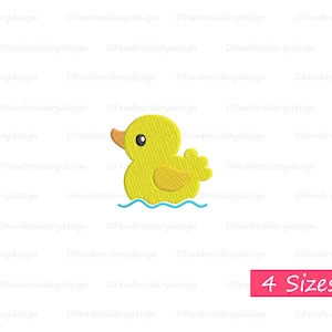 May include: Yellow rubber ducky floating in blue water.  The ducky has a small beak, two eyes, and a small smile.  The ducky is a popular bath toy for children.