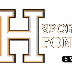 May include: A white letter H with black and gold outlines. The letter is in a sporty font style. The text "SPORT FONT" is below the letter in black and gold outlines. The text "5 sizes" is below the text "SPORT FONT" in black.