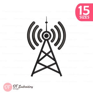 Pode incluir: Uma torre de antena preta com ondas de sinal radiantes. A imagem inclui o texto "15 SIZES" num oval rosa e o logótipo "DF Embroidery design".