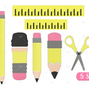 Pencil embroidery design, Back to school Embroidery Design, School Machine Embroidery Design Set, 7 Design, 5 Sizes