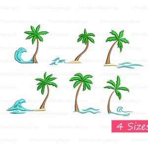 Mini Palm Tree and Ocean Waves Embroidery Design, Beach Vibes Machine Embroidery, Tropical Summer Digital Download– 4 sizes