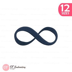 Puede incluir: Un diseño de bordado de símbolo de infinito azul oscuro con un patrón de puntada texturizado. El gráfico incluye una insignia rosa en la esquina con el texto blanco 12 SIZES y un logotipo circular en la parte inferior izquierda con el texto DF Embroidery design.