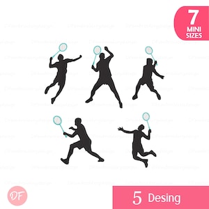 May include: Five black silhouettes of tennis players in various action poses, each holding a light blue tennis racket. The image includes text in the top right corner reading 7 MINI SIZES and in the bottom right corner reading 5 Desing.