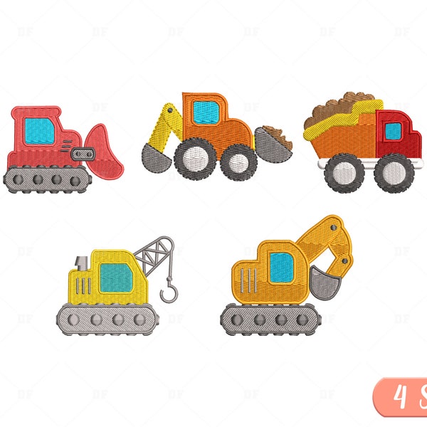 Mini Construction Embroidery Design, Vehicles Embroidery, 5 Designs, 4 Sizes