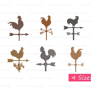 May include: Four different embroidery designs of rooster weathervanes. Each design features a rooster with a different color scheme and a compass rose with the letters N, S, E, and W.