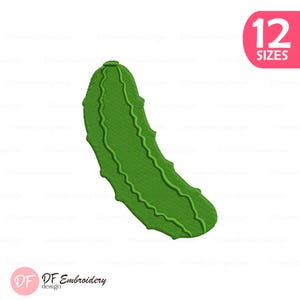 May include: A green embroidered pickle design. The pickle has a textured surface and a detailed outline. The image includes the text "12 SIZES" in a pink circle and the DF Embroidery design logo.