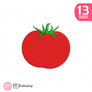 May include: A red tomato embroidery design with green leaves. The design is a digital file, and the image includes the text "13 SIZES" in a pink circle. The logo "DF Embroidery design" is at the bottom.