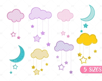 Paquete de diseños de bordado con apliques de nubes: estrellas y luna (descarga digital)