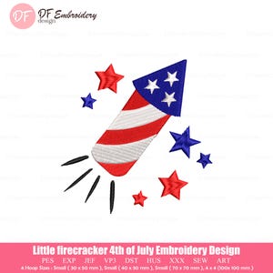 May include: An embroidery design of a firecracker in red and white stripes, with blue stars and a blue and white star-studded top. The design includes the text "Little firecracker 4th of July Embroidery Design".