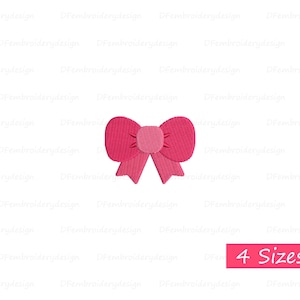May include: A bright pink bow design with a lighter pink center. The bow has a classic shape with two loops and two streamers. The image also includes the text "4 Sizes" in a pink rectangle.