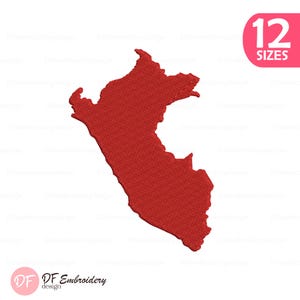 May include: A red machine embroidery design featuring the geographical outline of Peru. The design has a dense, textured stitch pattern throughout the shape. A pink rectangular badge in the top right corner displays the white text 12 SIZES.