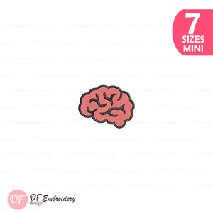 Puede incluir: Un diseño de cerebro bordado con relleno rosa, un contorno negro grueso y costuras interiores negras que definen los lóbulos. En la esquina superior derecha, un rectángulo rosa redondeado contiene el texto blanco 7 SIZES MINI.