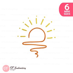 May include: An orange and yellow embroidered sun design. The sun has a curved line with a swirl at the bottom. The sun's rays are yellow. The image also includes the text "6 MINI SIZES" in a pink box.