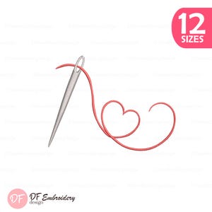 May include: A silver needle with red thread forming a heart shape. The image includes the text "12 SIZES" in a pink box and the logo "DF Embroidery design".