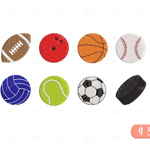 May include: Set of eight embroidered sports ball designs, including a football, bowling ball, basketball, baseball, volleyball, tennis ball, soccer ball, and hockey puck. The designs are in various colors, including red, blue, green, orange, white, and black.