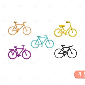 以下が含まれることがあります： 金、黄色、ターコイズ、紫、黒の5台の自転車のイラスト。自転車はシンプルなアウトラインスタイルで描かれています。画像には、ピンクのバナーに「4 SIZES」というテキストも含まれています。