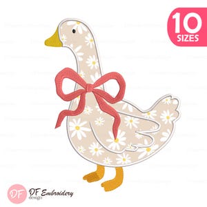 May include: An embroidered goose design with a daisy pattern on its body and a coral bow. The goose has yellow feet and beak. The image includes the text "10 SIZES" in a pink box and the "DF Embroidery design" logo.