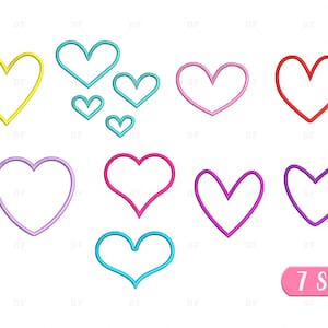 Könnte beinhalten: Eine Sammlung von sieben Herzumrissen in verschiedenen Farben, darunter Gelb, Türkis, Rosa, Rot, Lila und Blau. Das Bild zeigt Herzen in verschiedenen Größen, mit einem rosa Banner mit der Aufschrift "7 Sizes".