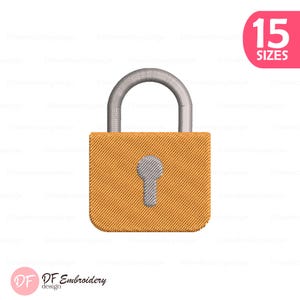 May include: An embroidered design of a gold padlock with a silver shackle and keyhole. The design is labeled with "15 SIZES" in a pink circle. The DF Embroidery design logo is at the bottom.