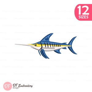 May include: An embroidery design of a swordfish featuring a blue upper body, a white underbelly, and a yellow horizontal stripe along the side. The design includes a pink corner badge with the white text 12 SIZES and a logo with DF Embroidery design.
