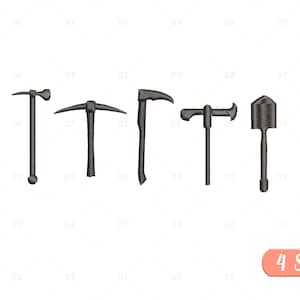 May include: Set of five black and grey tools, including a pickaxe, a shovel, a hammer, and two other tools. The tools are isolated on a white background. The text "4 sizes" is in a pink rectangle at the bottom of the image.