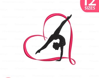 Disegno da ricamo per ragazza ginnasta: applicazione a forma di cuore (download digitale)