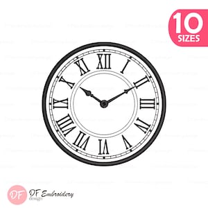 May include: A black and white embroidery design of a round clock face featuring Roman numerals from I to XII, two pointed clock hands, and a circular border. A pink rectangular badge in the top right corner displays the text 10 SIZES.