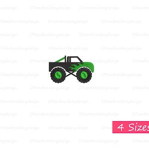 May include: Green and black monster truck embroidery design. The truck has a green body with black accents and large wheels.