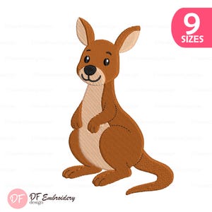Könnte beinhalten: Ein Cartoon-Känguru in Braun- und Beigetönen, mit schwarzer Nase und lächelndem Mund. Das Bild enthält den Text "9 SIZES" in einer rosa Box und das Logo "DF Embroidery design".