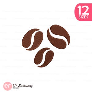 May include: Three embroidered coffee beans in shades of brown with white accents. The design is set against a white background. A pink circle with the text "12 SIZES" is in the upper right corner.