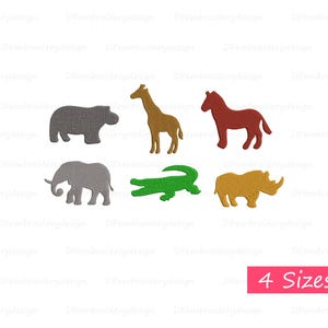Puede incluir: Diseños bordados de seis animales diferentes: un hipopótamo gris, una jirafa marrón, un caballo rojo, un elefante gris, un cocodrilo verde y un rinoceronte marrón. Los diseños están disponibles en cuatro tamaños.