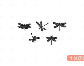 May include: Five black dragonfly designs in various poses. The dragonflies have detailed wings and bodies, with a simple, elegant style. The image includes a small, peach-colored banner with the text "4 SIZES".
