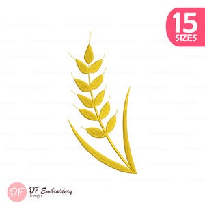 Puede incluir: Un diseño de bordado de espiga de trigo dorada. El diseño presenta una representación detallada de una espiga de trigo con múltiples hojas y un tallo curvo. La imagen también incluye el texto "15 SIZES" en un círculo rosa y el logotipo "DF Embroidery design".