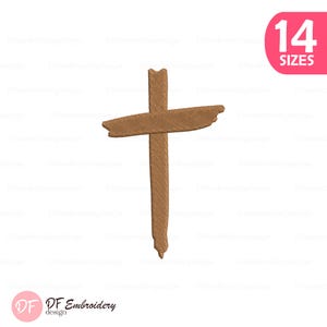 May include: A brown cross design with a textured appearance. The cross has a simple, rustic style. A pink oval in the upper right corner displays the text "14 SIZES". The bottom left corner has the text "DF Embroidery design".
