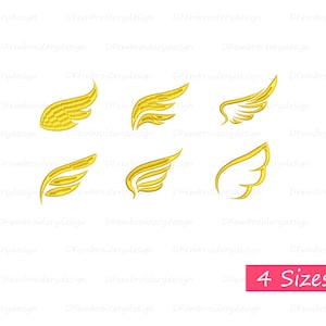 May include: Six different sizes of gold angel wings, with the text "4 Sizes" in a pink box at the bottom of the image.