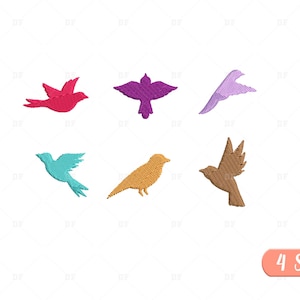 May include: Set of six colorful bird silhouettes in various poses. The birds are outlined in black and filled with different colors, including red, purple, blue, turquoise, brown, and light purple. The image includes the text "4 sizes".