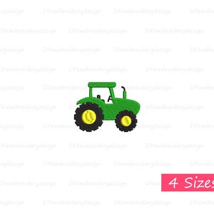 May include: Green tractor embroidery design with yellow wheels.  The design is available in four sizes.